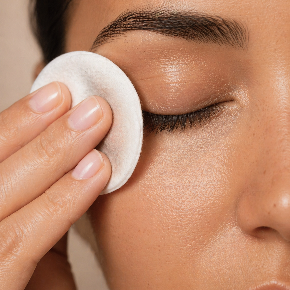 Macro skincare image of a cotton pad removing makeup near eye for a natural makeup remover wipe input swap guide