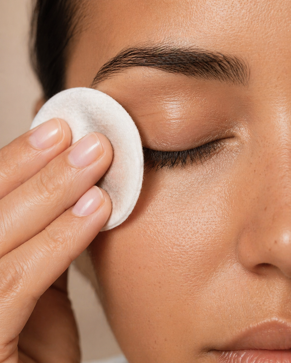 Macro skincare image of a cotton pad removing makeup near eye for a natural makeup remover wipe input swap guide