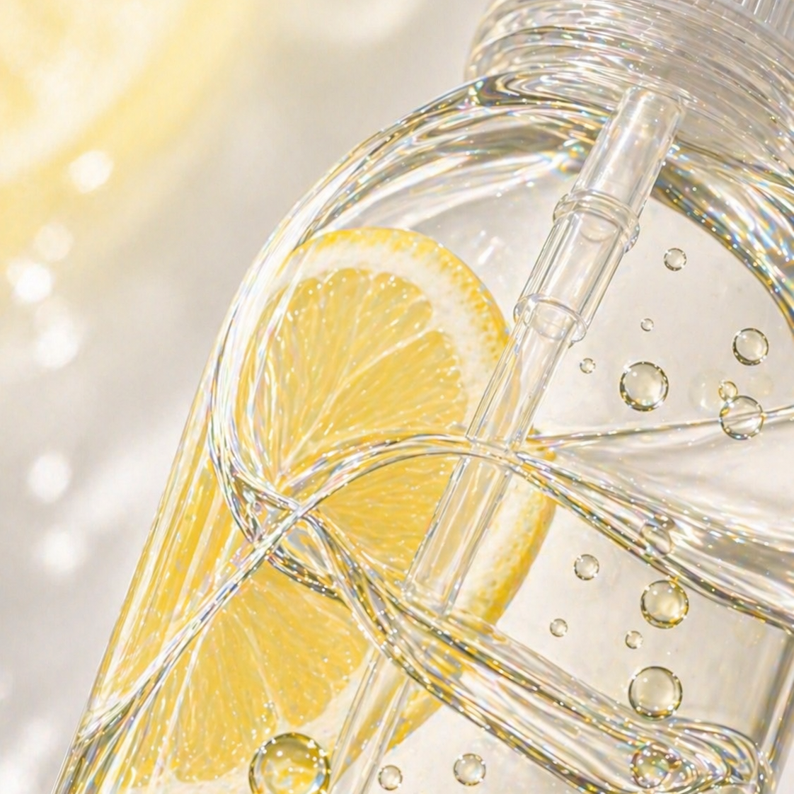 Macro image of a clear spray bottle with lemon essential oil and clear liquid for a multi-surface disinfectant input swap guide