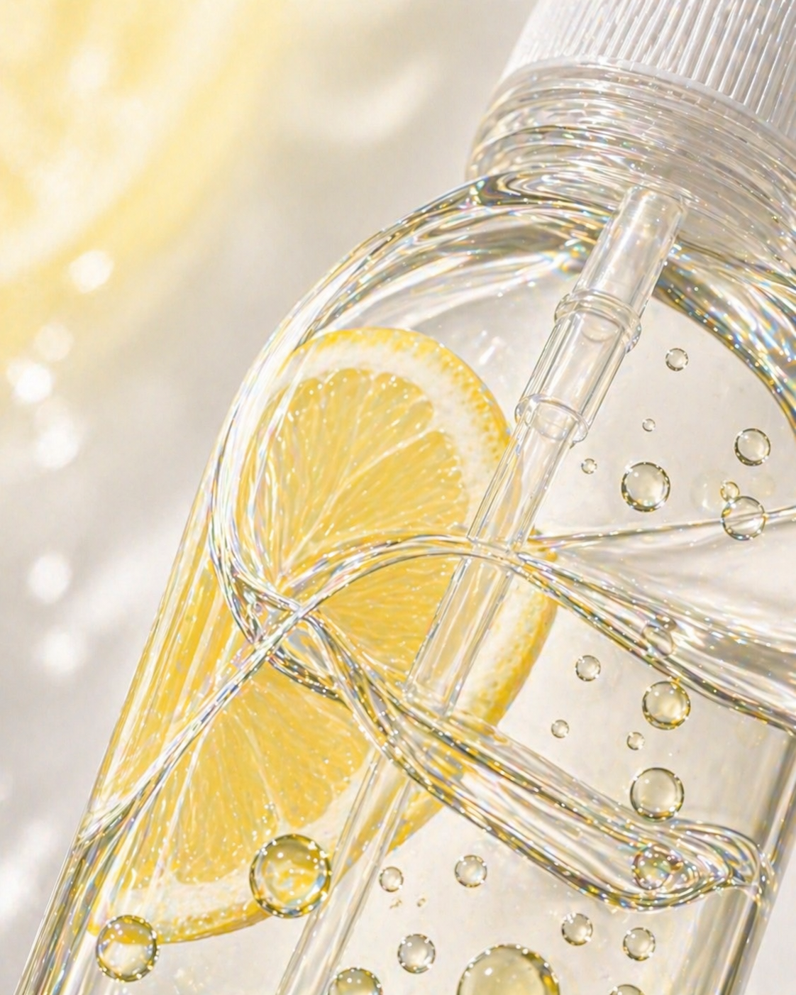 Macro image of a clear spray bottle with lemon essential oil and clear liquid for a multi-surface disinfectant input swap guide