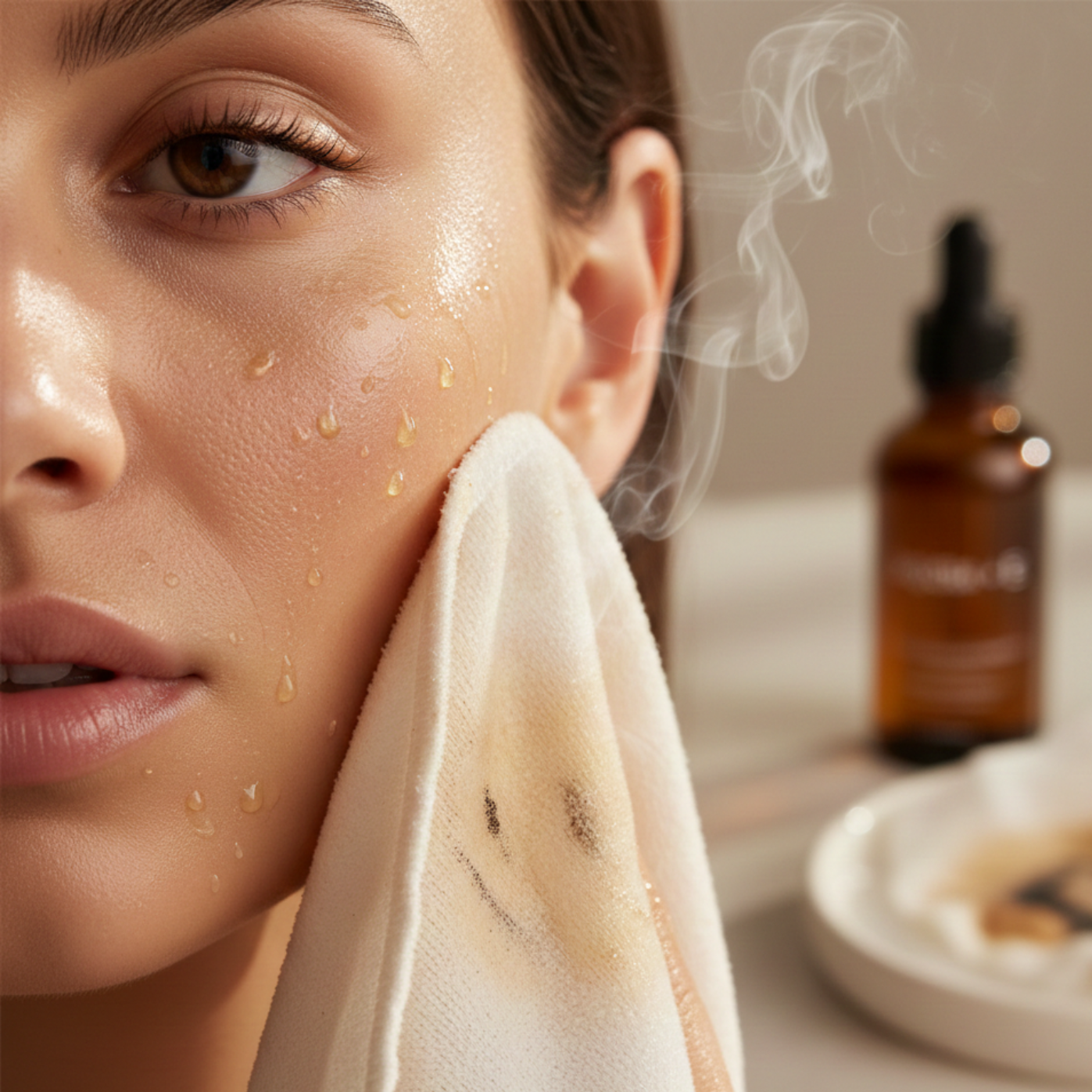 Macro beauty shot of lipid-based makeup extraction using organic jojoba oil and a microfiber cloth to replace synthetic wipes.