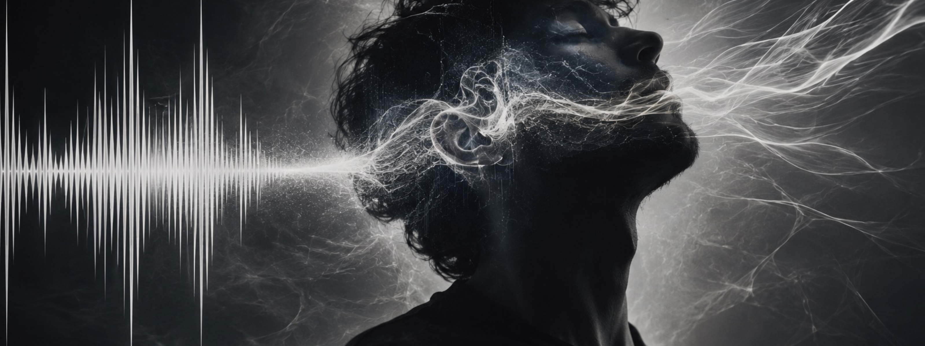 Aether Sound Frequency banner showing a dark human profile intersected by a bright horizontal waveform
