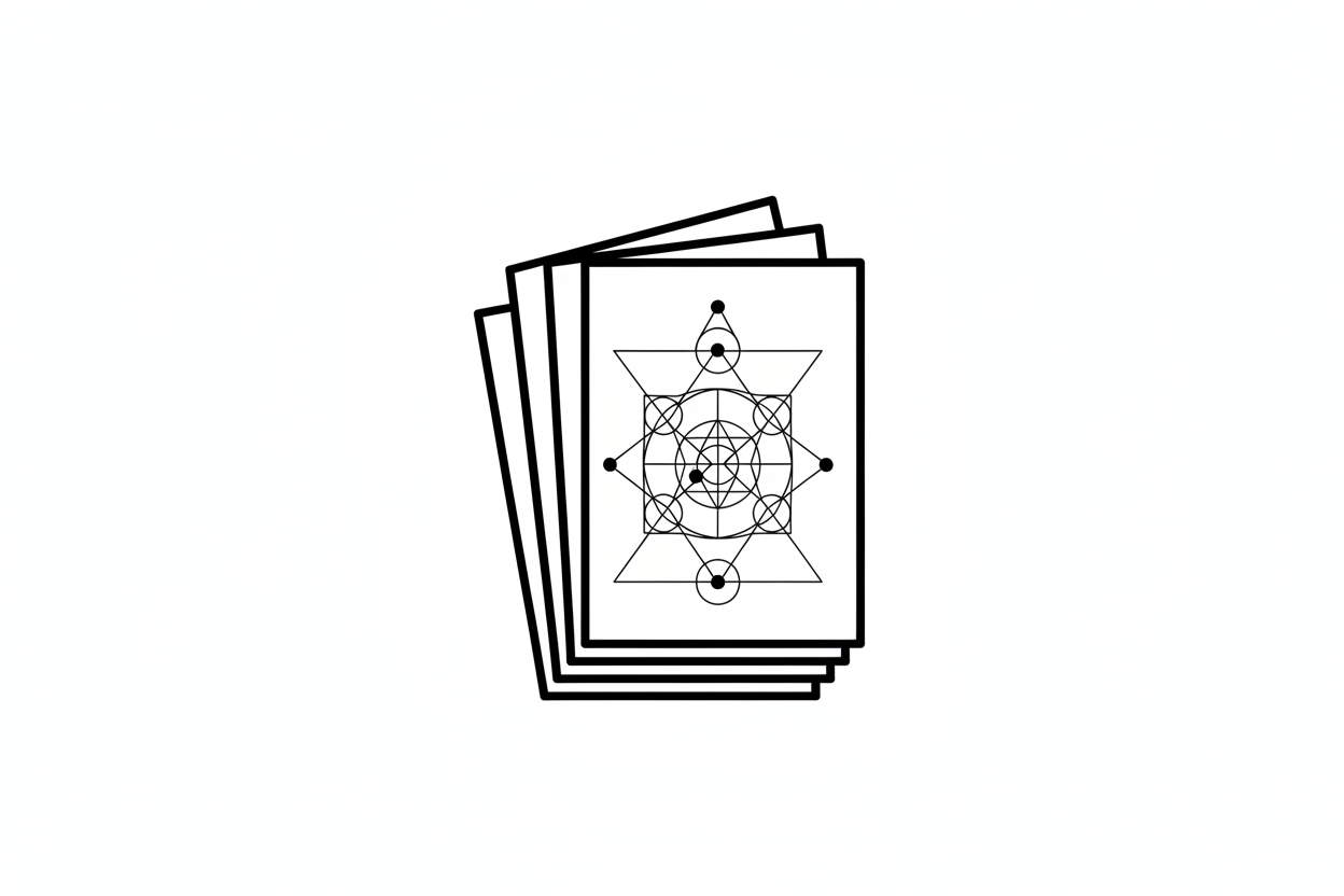 Minimal black-and-white icon. Clean geometric structure. Sharp lines, no gradients. Symbol for “digital flipbook”—stacked cards or layered rectangles with subtle sacred-geometry influence. High contrast. No text. Flat background.