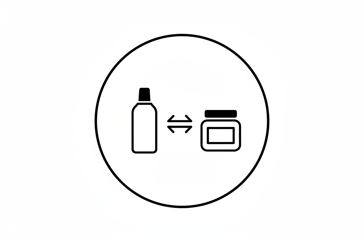 Round black and white minimal icon. Thin circular border. Inside, show two simple product shapes side by side (a generic bottle and a generic jar) with a clean double-arrow between them indicating swap or alternative. Flat vector, no text, no shading, high contrast, minimalistic