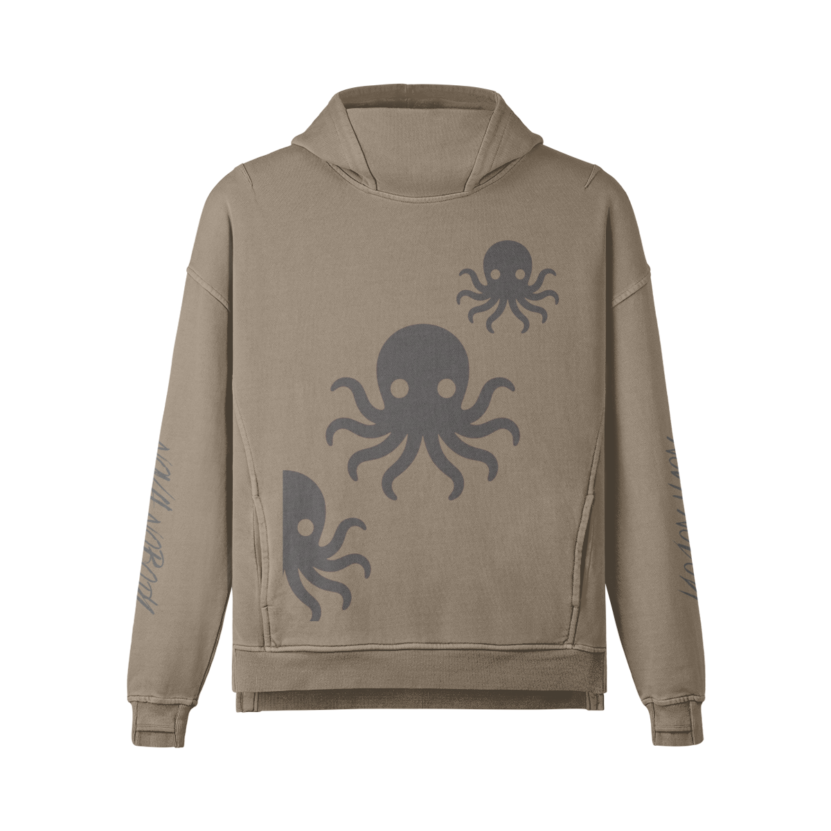 Front view of the Soul Supremacy Encoded Motifs Washed Turtleneck Hoodie in khaki with encoded motifs across the front and Nova Nobody signature sleeves