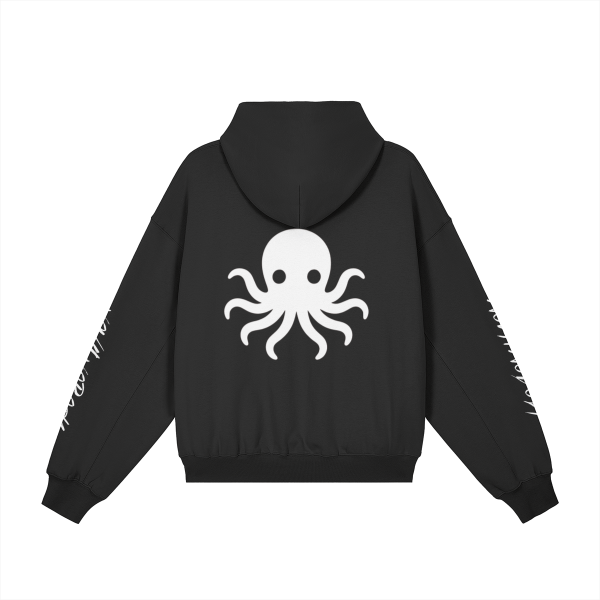Back view of the black Soul Supremacy Snap Button Collar Hoodie Encoded Motifs featuring a large octopus graphic and Nova Nobody signature text on the sleeves