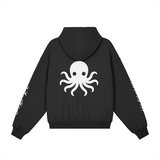 Back view of the black Soul Supremacy Snap Button Collar Hoodie Encoded Motifs featuring a large octopus graphic and Nova Nobody signature text on the sleeves