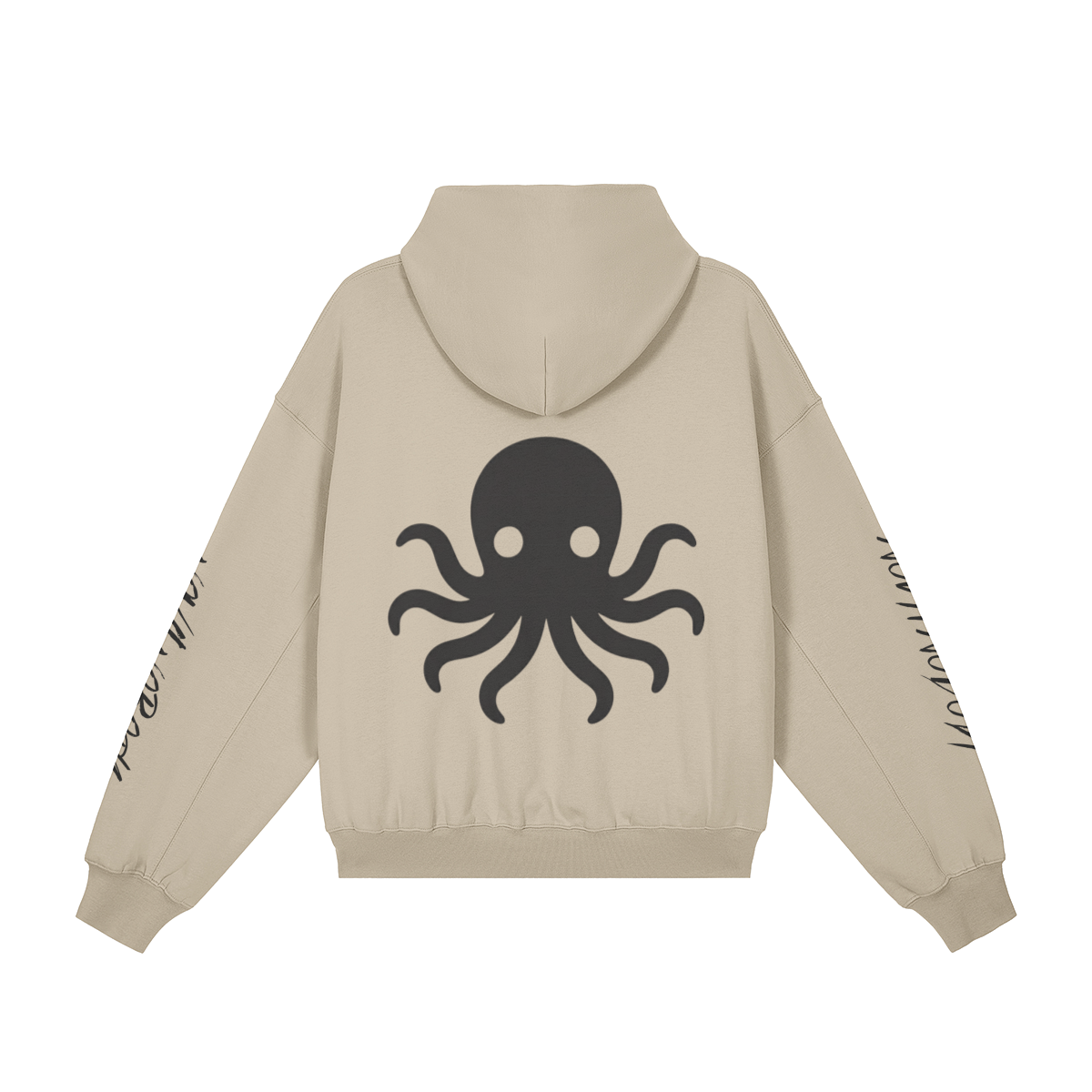 Back view of the cream Soul Supremacy Snap Button Collar Hoodie Encoded Motifs featuring a large black octopus graphic on the back and Nova Nobody signature text running down the sleeves