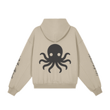 Back view of the cream Soul Supremacy Snap Button Collar Hoodie Encoded Motifs featuring a large black octopus graphic on the back and Nova Nobody signature text running down the sleeves