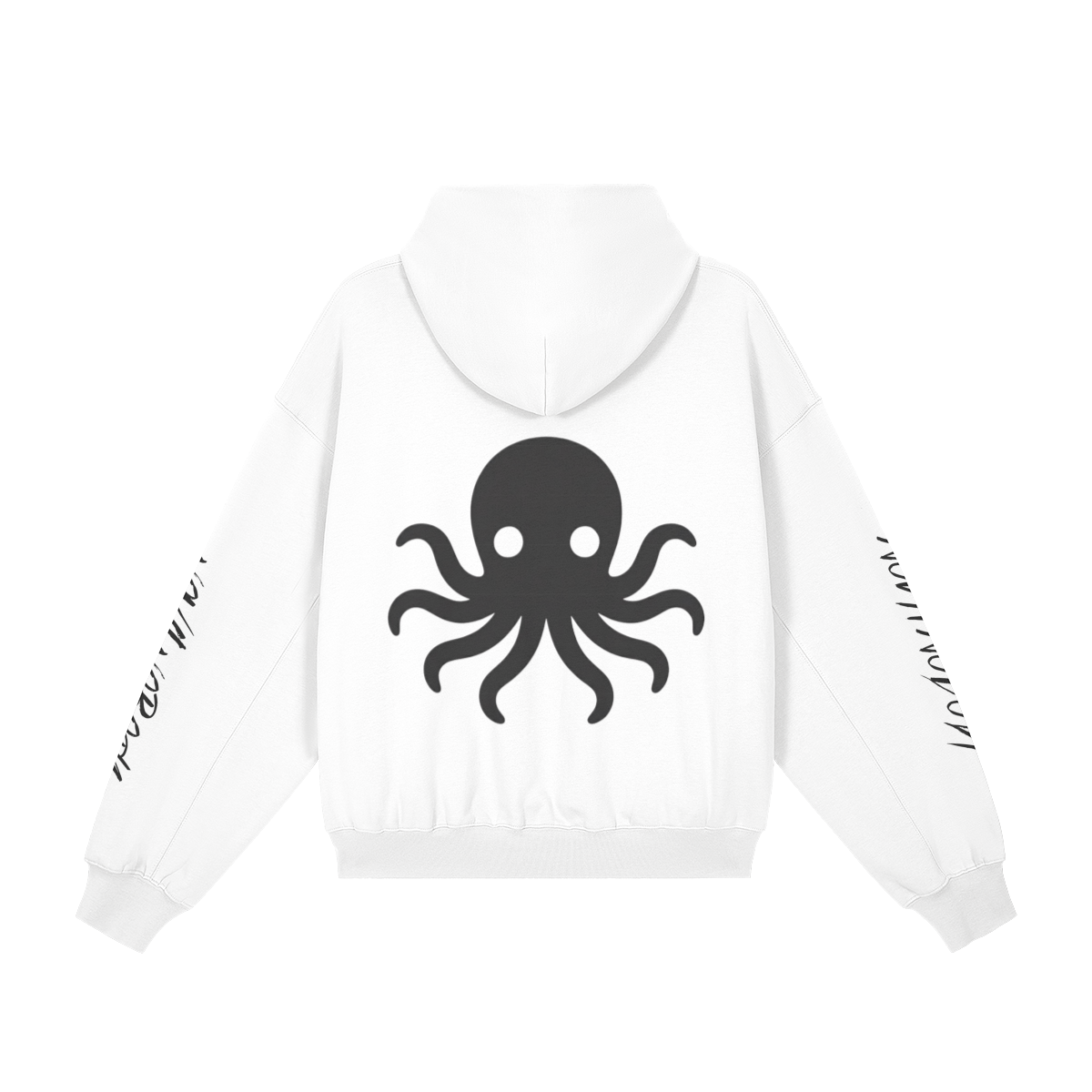 Back view of the white Soul Supremacy Snap Button Collar Hoodie Encoded Motifs featuring a large octopus graphic and Nova Nobody signature sleeve details