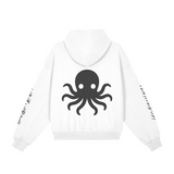 Back view of the white Soul Supremacy Snap Button Collar Hoodie Encoded Motifs featuring a large octopus graphic and Nova Nobody signature sleeve details