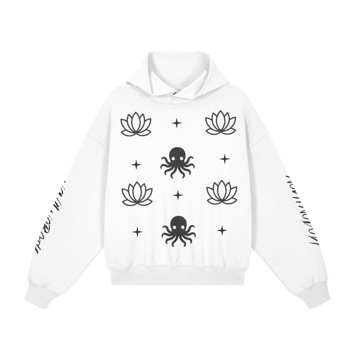Front-facing view of the white Soul Supremacy Snap Button Collar Hoodie Encoded Motifs with snap-button collar, encoded motif design, and Nova Nobody sleeve details