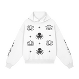 Front-facing view of the white Soul Supremacy Snap Button Collar Hoodie Encoded Motifs with snap-button collar, encoded motif design, and Nova Nobody sleeve details
