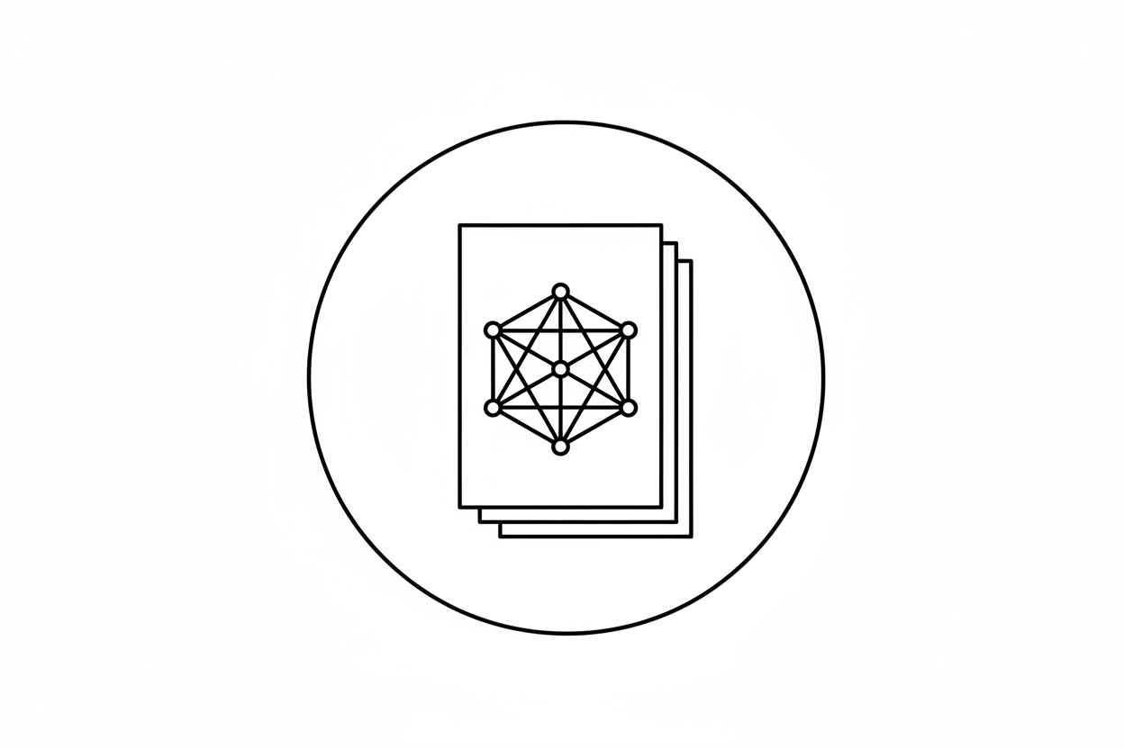 Minimal black and white vector icon of a small stack of pages, fanned slightly. Use thin consistent line weight. On the top page, place a sacred geometry pattern: hexagon-based star with connecting nodes at each intersection. Keep the geometry clean and balanced. No shading or gradients. Match the circular icon style by placing the stack within a soft circular boundary or halo line.”